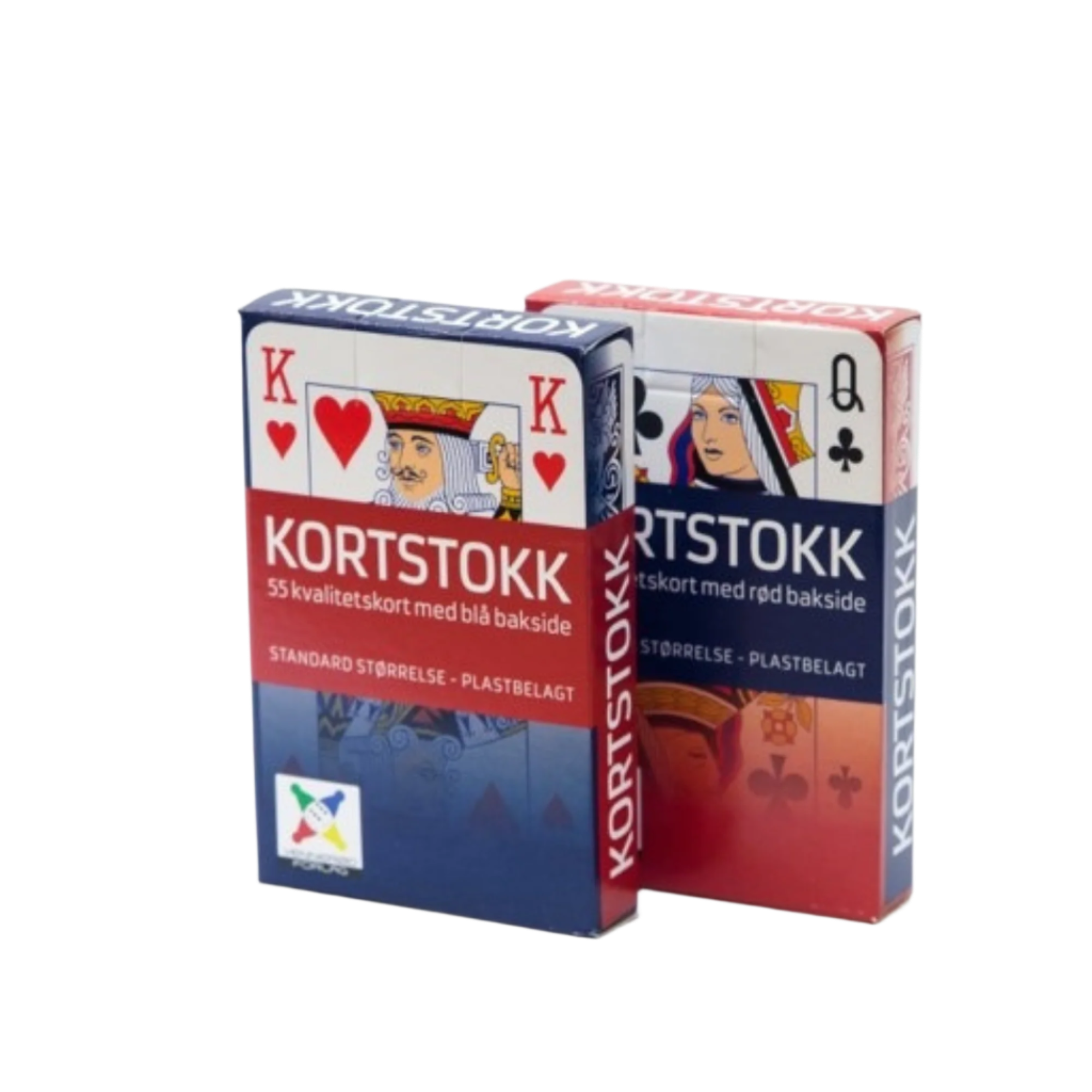 To kortstokker, rød og blå med motiv av konge og dronning